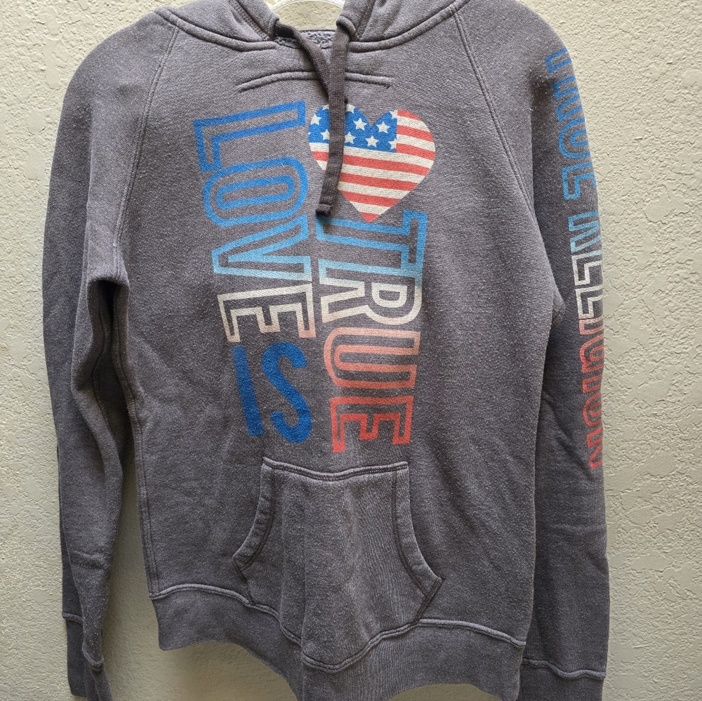 True Religion Gray Hoodie with Red and Blue Accents